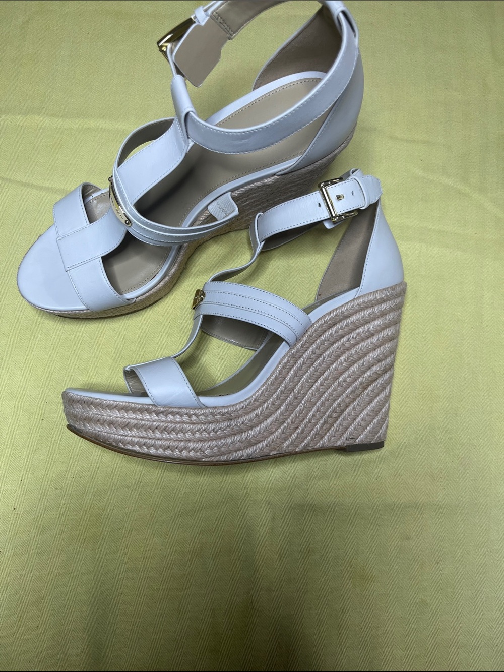 Michael Kors White Leather Espadrille Wedge Sandals with Gold Accents